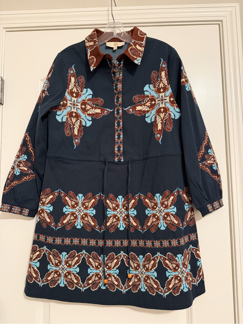 Anna Cate Navy Mini Drawstring Dress in Brown & Light Blue